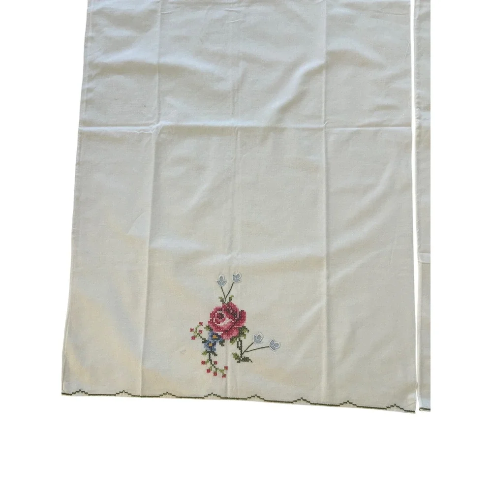 Vintage Cross Stitch Rose Pillowcase Pair White Cotton Floral Embroidery Cottage